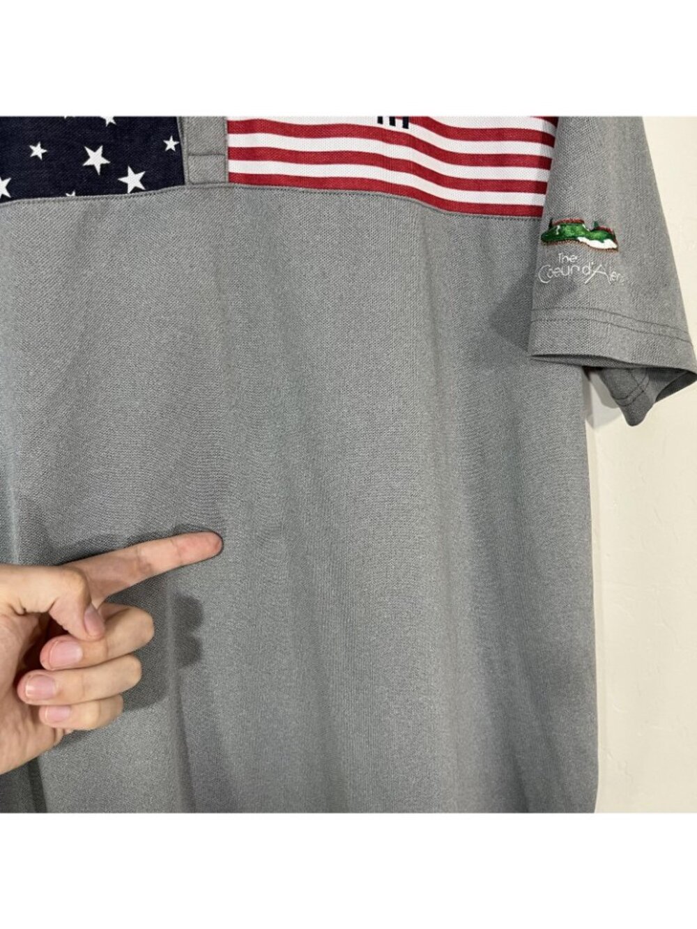 TravisMathew Polo Shirt Mens XL Gray USA Flag Coeur D'Alene Golf Stretch Top - Picture 4 of 7